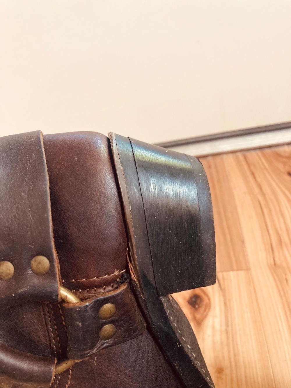 Dark Brown Leather Ankle Womens US 7 Frye Harness Moto Boots Square Toe - Picture 6 of 10